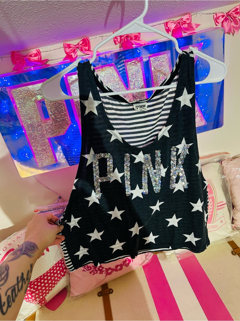 PINK Victoria's Secret Black Star Graphic Tank with Sequin Logo